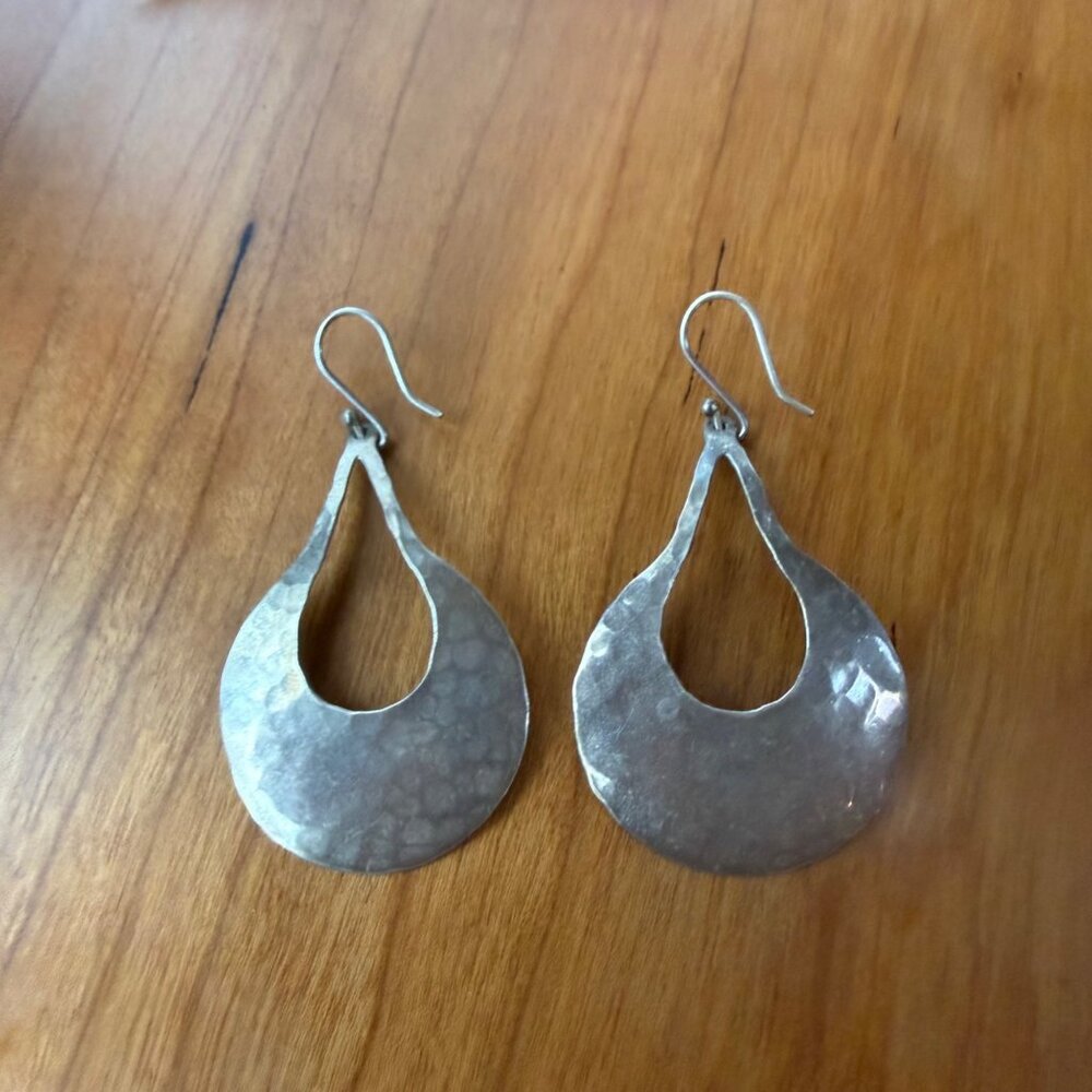 Artisan Hammered Sterling Silver Dangle Teardrop Earrings Open Design & Hook